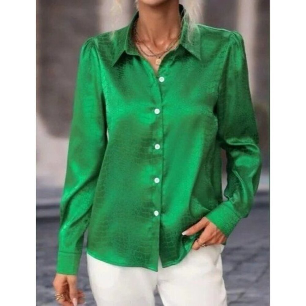 Green Classic Jacquard Puff Sleeve Shirt - Picture 4 of 5